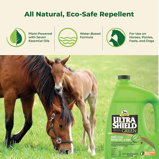Absorbine UltraShield Green All-Natural Fly & Insect Repellent for Horses & Dogs, Essential Oils Repel & Control, 128oz Bottle, No Sprayer-PurrikoPets