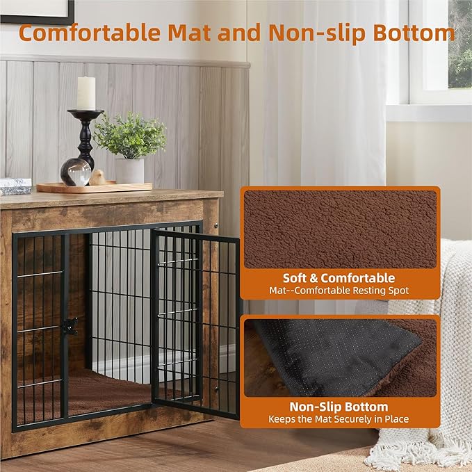 FLEXIMOUNTS Dog Crate Furniture with Cushion, Wooden Dog Kennel Furniture, Heavy Duty Dog Cage, 40" Dog Kennel with Double Doors, L-PurrikoPets