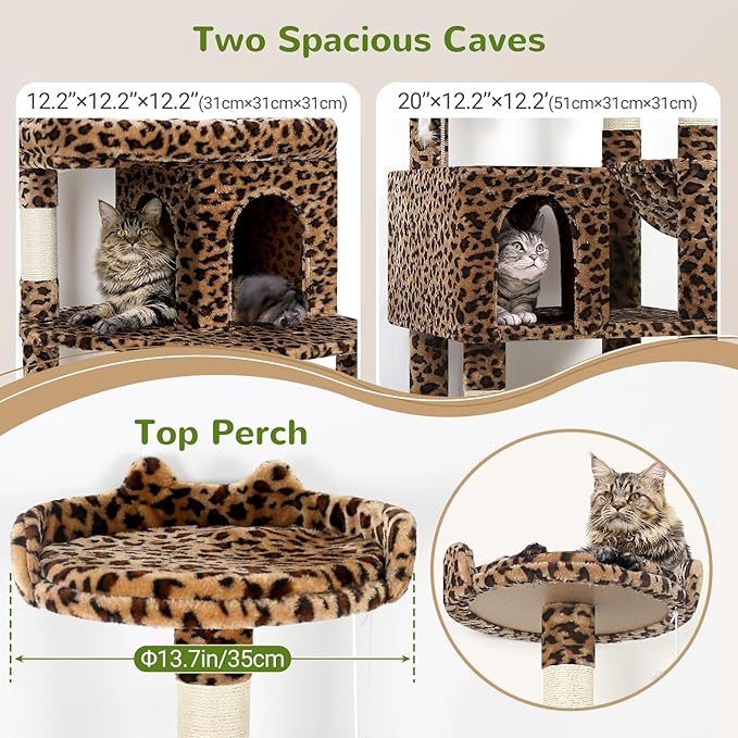 Globlazer Heavy Duty Cat Trees for Large Cats, Sturdy 72in Maine Coon Cat Tree for Large Cat 20 lbs+ Heavy Duty Cat Tower for Adult Biggest Cats with 6 Scratching Posts, Hammock, S72, Leopard Print-PurrikoPets