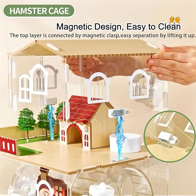 12 in 1 Clear Acrylic Hamster Cage with All Accessories,13.5''L*10''W*15''H Dwarf Hamster Cage,Magnetic Connection Small Hamster Enclosure,Wooden Mouse Cage for Pet Mice(2-Layer,Pink) Install Required-PurrikoPets