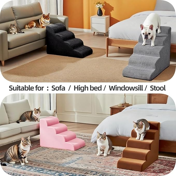 4 Step Pet Stairs Ramp for High Beds Sofas 18-24 Inch with Sturdy Non Slip Waterproof Pads, Machine Washable Cover Indoor Balanced Design for Cats Dogs Small Medium Large XL Pets Grey-PurrikoPets