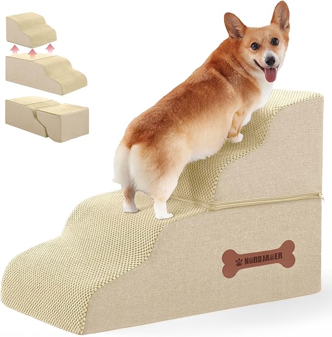 Dog Stairs 4 Steps for Small Dogs and Cats to Get on High Beds, Couch or Car, Pets Can Climb, Sit, Lie Down or Perch to Look Out Windows on The Spliceable Ramp, Provides Support, Beige（19" H）-PurrikoPets