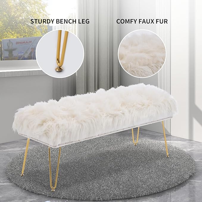 46 Inch White Bedroom Bench, Benches for Bedroom White Faux Fur Upholstered Bed end Bench, Tufting Ottoman Bench Indoor Bench with Metal Legs for Living Room Bedroom Entryway, White-PurrikoPets