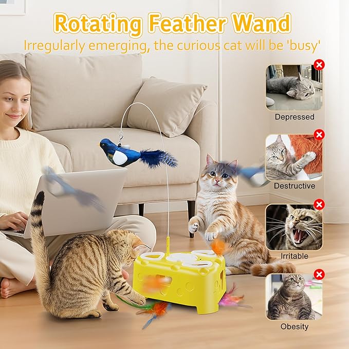 3-in-1 Interactive Cat Toy for Indoor Cats,Automatic Kitten Toys,Flying Bird,6 Holes Mole,Rotating Feather, USB Rechargeable Electronic Interactive Feather Toy for Bored Adult & Kitten Cats-PurrikoPets