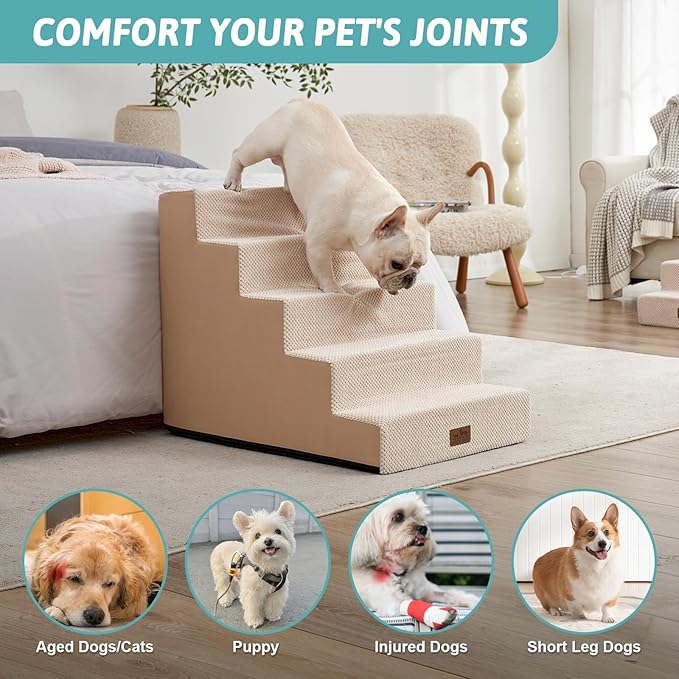 Dog Stairs for Small Dogs, 5 Tier Wider Pet Stairs for High Beds, 23.6" H Non-Slip Dog Steps for Old Cats, Puppies, Small Medium Dogs, 29.5x19.7x23.6 inch, Beige-PurrikoPets