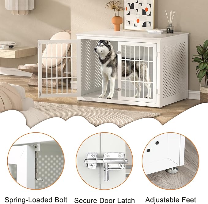 42" Heavy Duty Dog Crate Furniture for Large and Medium Dogs, Enclosed Design Wooden Metal Kennel, Wooden Cage Furniture Indoor, Decorative Dog Kennel End Table-PurrikoPets