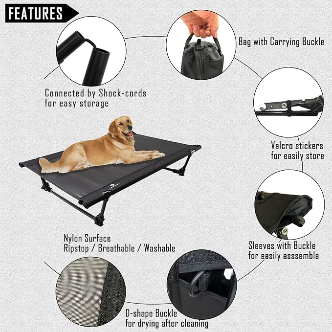 Folding Elevated Dog Bed – Portable Collapsible Raised Dog Cots Cooling Pet Bed with Aluminum Frame, Lever Locking System, Breathable Mesh for Camping, Beach, Lawn, Travel-PurrikoPets