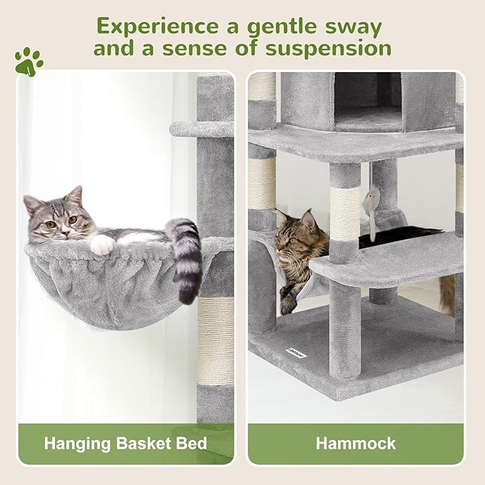 Globlazer Corner Cat Tree for Large Cats, 66inch Tall Curved Series Large Cat Tower for Multiple Indoor Cats with 6 Scratching Posts, 2 Spacious Cat Condos, Hammock, Hanging Basket, C66, Light Grey-PurrikoPets
