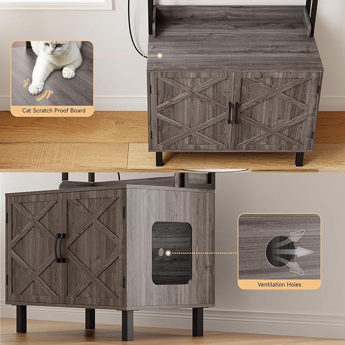 55 Inches Cat Litter Box Enclosure, Hidden Litter Box Furniture with 2 Storage Shelves and Charging Sockets, Wooden Cat House, Large Indoor Cabinet for Living Room & Entryway, Grey-PurrikoPets