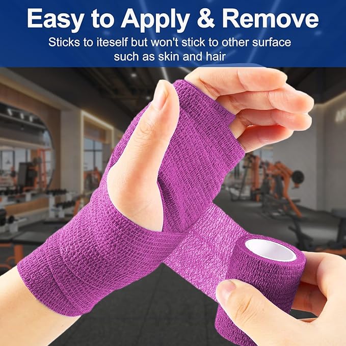 24 Pack 2 Inch x 5 Yards Self Adhesive Bandage Wrap, Elastic Cohesive Wrap 2 inch Vet Wrap Bandage Tape, Purple Grip Tape for Athletic, Sports, First Aid Medical, Wrist, Ankle Sprains-PurrikoPets