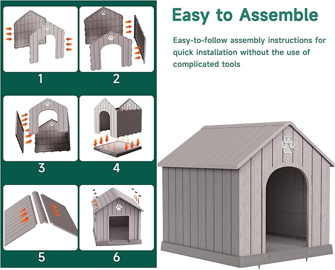 DRATO Indoor Outdoor Waterproof Dog House,PP Material,Puppy Shelter with Air Vents and Elevated Floor,Sturdy Dog Kennel for Small to Large Sized Dogs, Easy to Assemble (Gray, 38.62×36.26×38.07 Inches)-PurrikoPets