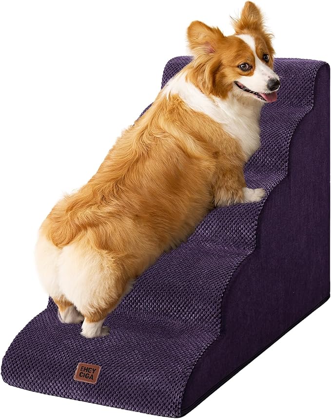 EHEYCIGA Curved Dog Stairs Ramp for High Beds 22.6" H, 5-Step Dog Steps for Small Dogs and Cats, Pet Stairs for High Bed Climbing, Non-Slip Balanced Pet Step Indoor, Purple-PurrikoPets
