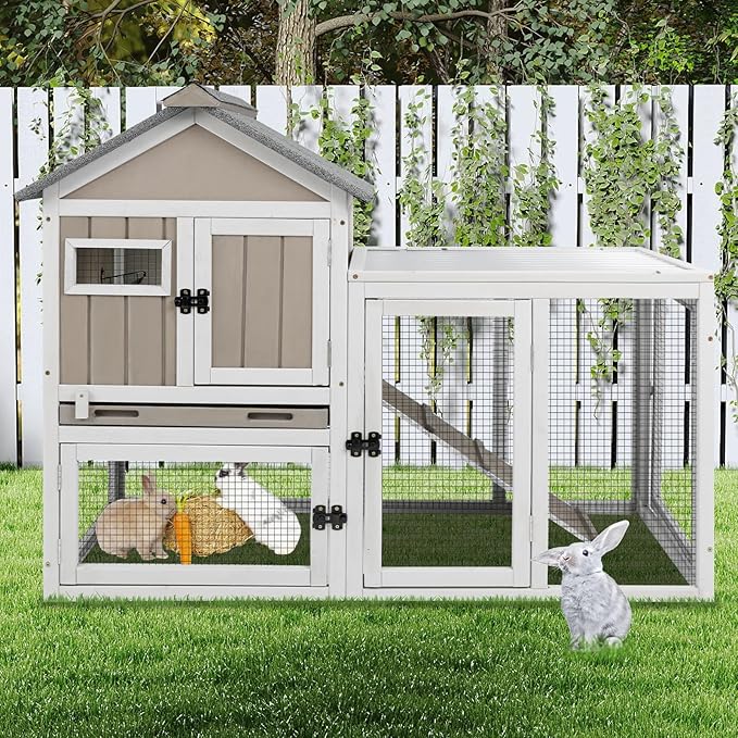 48" L Rabbit Hutch Outdoor Indoor Bunny Hutch Weatherproof, 2-Story Wood Rabbit Cage with Deep Tray, Chew-Resistant Ramp, UV Roof, Bunny House for Small Animal, Expandable Guinea Pig Cage-PurrikoPets