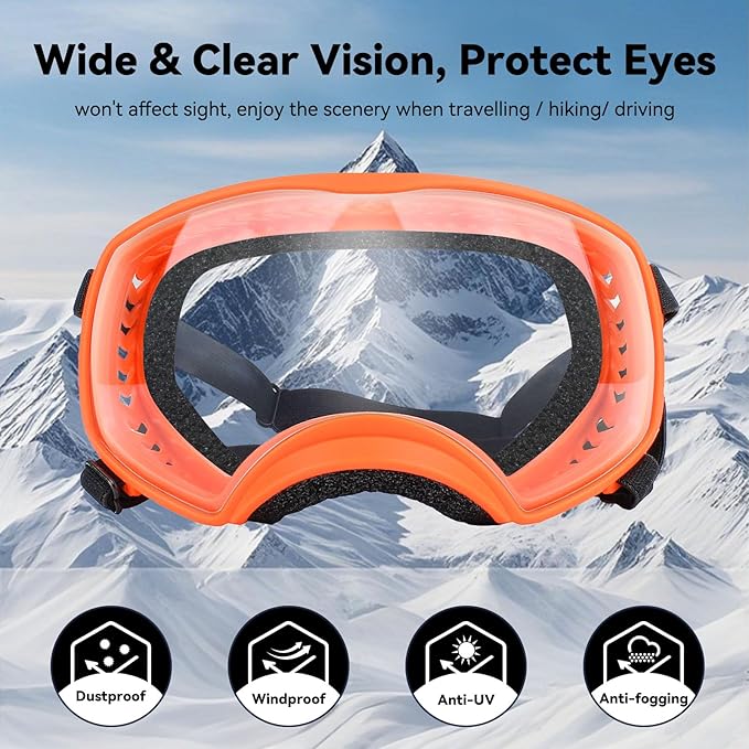 Dog Sunglasses UV Protection Clear Dog Goggles Windproof Glasses with Elastic Straps for Medium-Large Breed, Orange Frame + Clear Lens-PurrikoPets