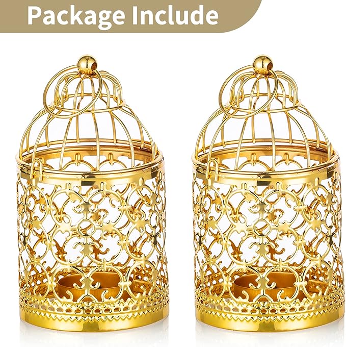 2 Pcs Small Metal Tealight Hanging Birdcage Lantern, Vintage Decorative Centerpieces of Wedding, Party, Gold-PurrikoPets