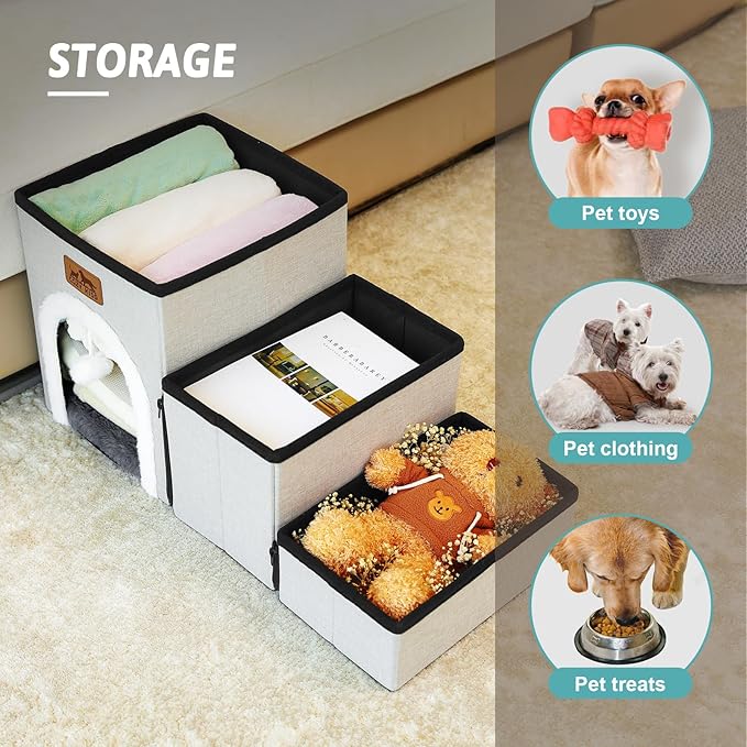 Dog Stairs for Small Dogs with Storage and Condo, 14" H Foldable Pet Stairs for Small Medium or Puppy Dogs and Older Cats, Dog Steps for Bed or Couch, 13x27x14 inch, 3 Tiers, Grey-PurrikoPets