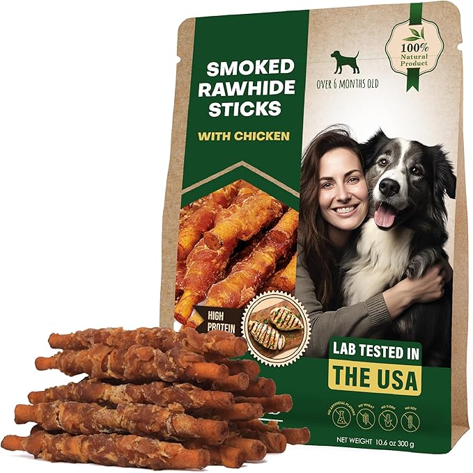 Dog Treats Rawhide Sticks Wrapped with Chicken 11 oz Pet Natural Chew Treats - Grain Free Meat & Human Grade Dried Snacks - Best for Small & Large Dogs (10.6 Ounce (Pack of 1), Smoked Chicken)-PurrikoPets
