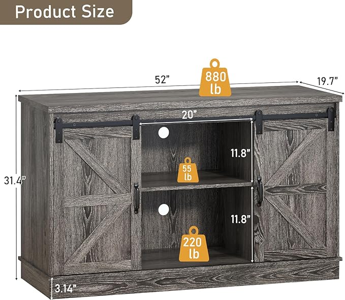 Farmhouse 55-75 Gallon Fish Tank Stand with Power Outlet, Aquarium Stand with Cabinet&Sliding Barn Door, Heavy Duty Reptile Tank Stand for 2 Fish Tank/Turtle Tank/Reptile Terrarium, Grey-PurrikoPets