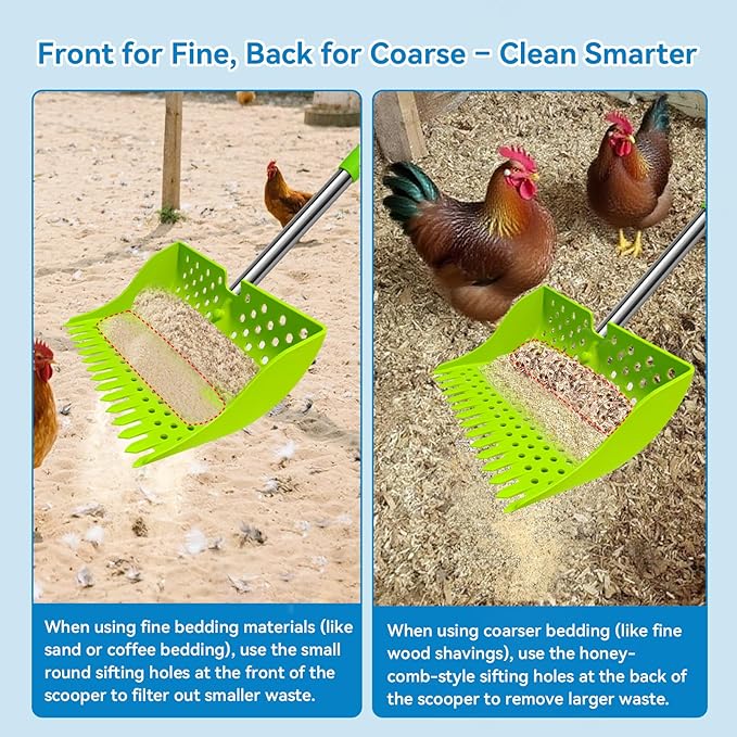 12-Inch 2-in-1 Chicken Poop Scooper & Rake – US Patent Pending – 3-Shape Sifting Holes Chicken Coop Rake，Stainless Steel Handle （20–61"）– Litter Scoop Sand & Sifting Shovel for Chicken Coops(Green)-PurrikoPets
