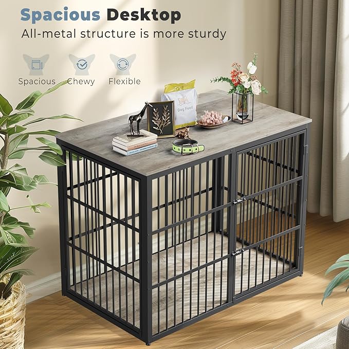 48'' XXL Dog Crate Furniture with 3 Doors, Wooden Crate End Table Heavy Duty Indoor Combination Cage for Medium to Large Dogs, Multiple Units Can be Combined, Grey-PurrikoPets