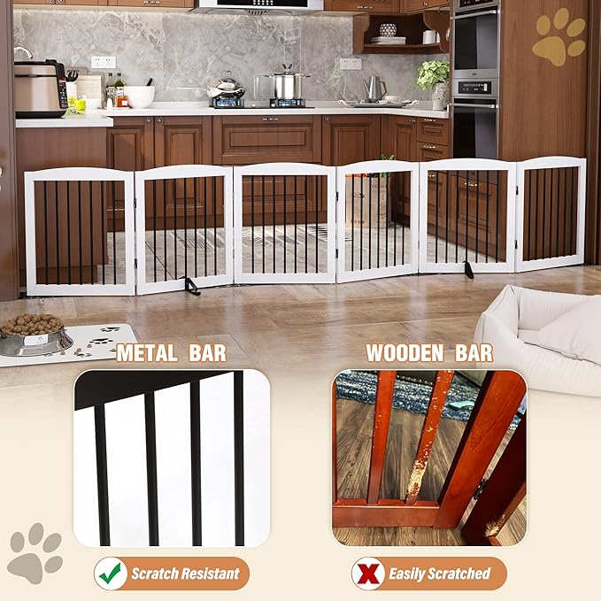 Freestanding Pet Gate for Dogs, Foldable Wooden Dog Gate for House, Extra Wide Indoor Pet Barrier for Stair, Doorway, Hall, Support Feet Included, 120 Inch Wide, 6 Panels 24", White-PurrikoPets