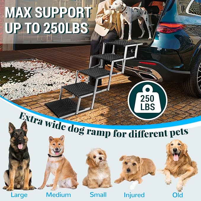 Extra Wide Dog Stairs for Large Dogs,Portable Folding Pet Stairs for Cars,SUV,Trucks,Dog Steps with Non-Slip Surface,Supports Up to 250 lb,5 Steps-PurrikoPets