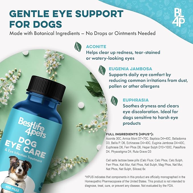 Dog Eye Care & Infection Treatment, Natural Dog Supplements for Conjunctivitis, Swelling, Dry Eyes and Discharge, Easy to Use, No More Struggle with Canine Drops, 400 Small Pills-PurrikoPets