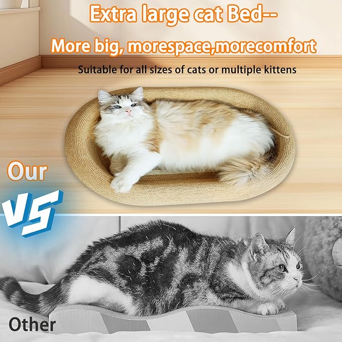 3-in-1 Sisal Scratching Board Bed, for Indoor Cats, Large Oval Cat Scratching Board, Toys for Playing and Nursing Paws (24x15x5 inches) (Large Size, Cat Bed - with Cooling Pad)-PurrikoPets