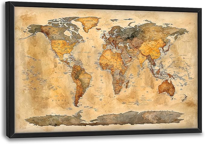 Extra Large World Map Framed Wall Art for Living Room,Oversized Vintage Map of The World Pictures Wall Decor,Canvas Print Painting Modern Artwork Bedroom Office Bathroom 36L" x 24W"-PurrikoPets