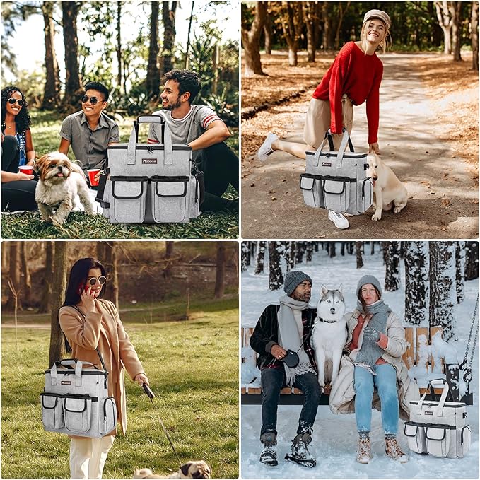 Airline Approved Dog Travel Bag with 2 Dog Treat Training Pouches, Tote Organizer for Weekend Pet Travel Supplies & Accessories, 2 Collapsible Bowls, 2 Food Container (Grey)-PurrikoPets