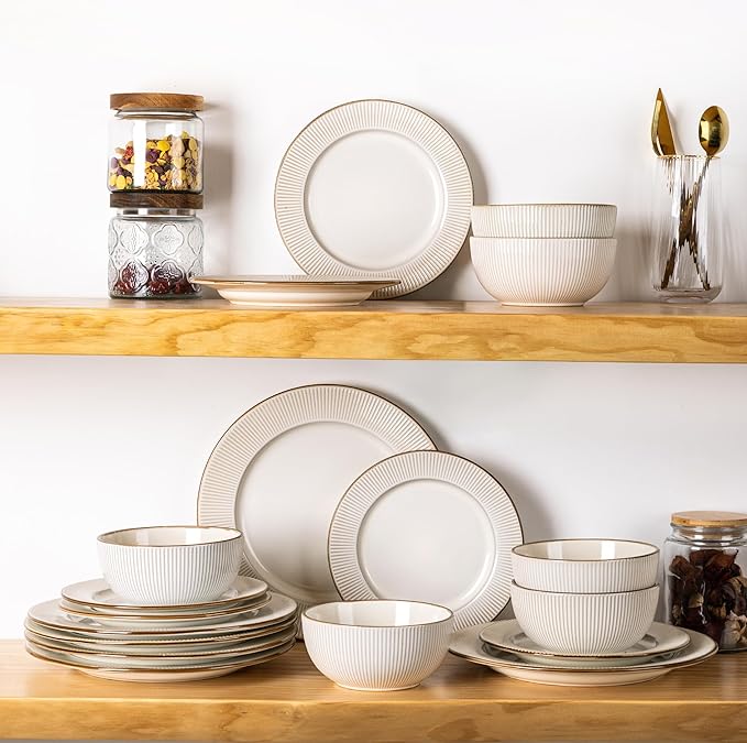 GBHOME Ceramic Dinnerware Sets,18 pcs Embossed Elegant Stoneware Plates and Bowls Sets, Housewarming Wedding Gift | Dishwasher & Microwave Safe | Dishes Set Service for 6-PurrikoPets