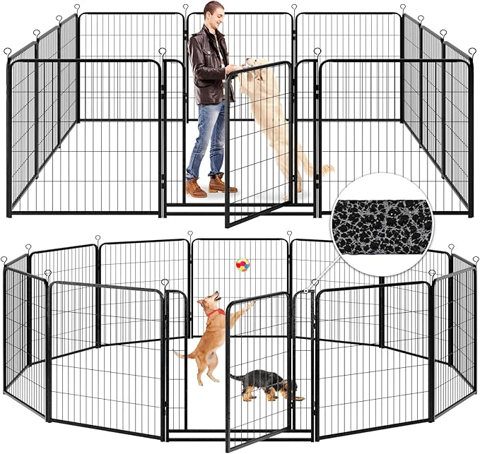 Dog Playpen Outdoor Extra Wide 12 Panels Heavy Duty Anti-Rust Coating-Strengthened Dog Fence 40" Height with Doors Portable for RV Camping Yard, Total 32FT, 79 Sq.ft, Snowy Black-PurrikoPets