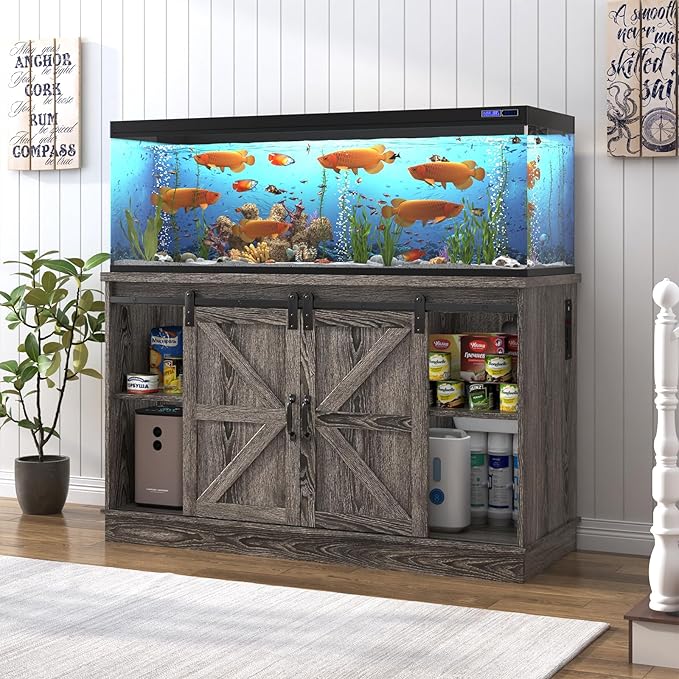 Farmhouse 55-75 Gallon Fish Tank Stand with Power Outlet, Aquarium Stand with Cabinet&Sliding Barn Door, Heavy Duty Reptile Tank Stand for 2 Fish Tank/Turtle Tank/Reptile Terrarium, Grey-PurrikoPets