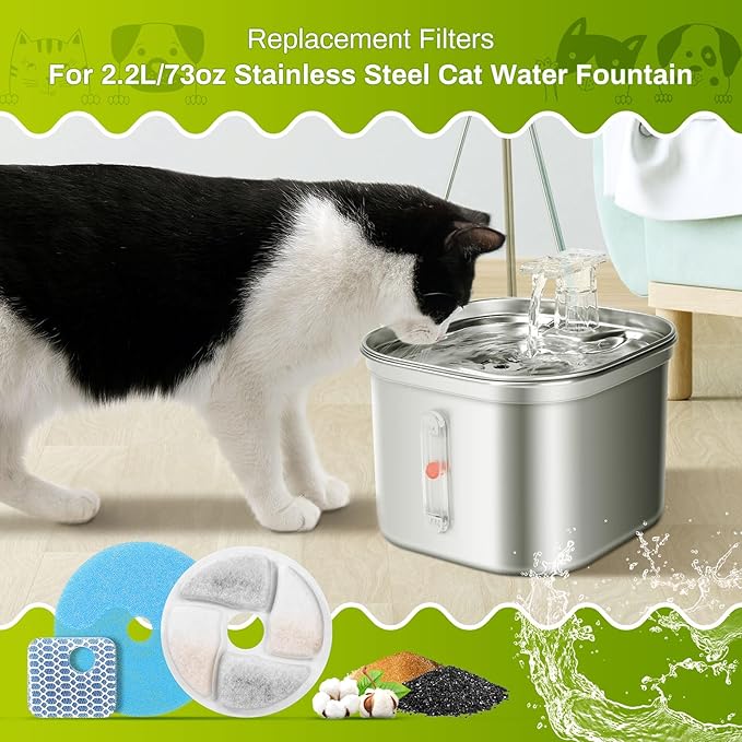 5 Set Cat Water Fountain Filter Replacement for Square 2.2L/73oz Stainless Steel Cat Fountain, ZEKIRY Pet Fountain Filter, Triple Filtration Replacement Filters(5 Filter, 5 Sponge, 5 8D Sponge)-PurrikoPets