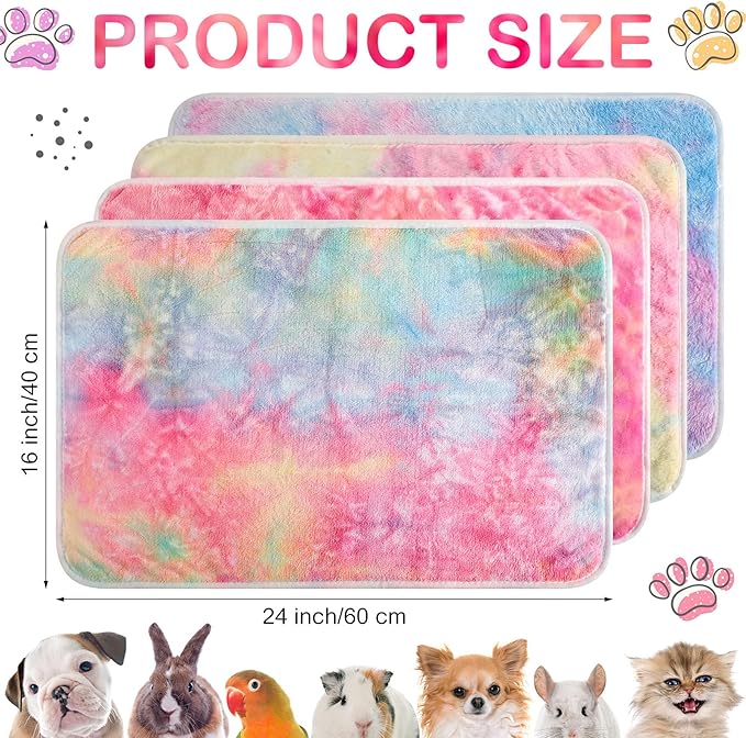 4 Pcs Waterproof Guinea Pig Blankets Washable Small Animal Fleece Bedding Absorbent Guinea Pig Cage Liners Reusable Pet Pee Pad Sleep Mat Pad Cover for Hamster Ferret (Tie Dye Pattern,24 x 16 Inch)-PurrikoPets