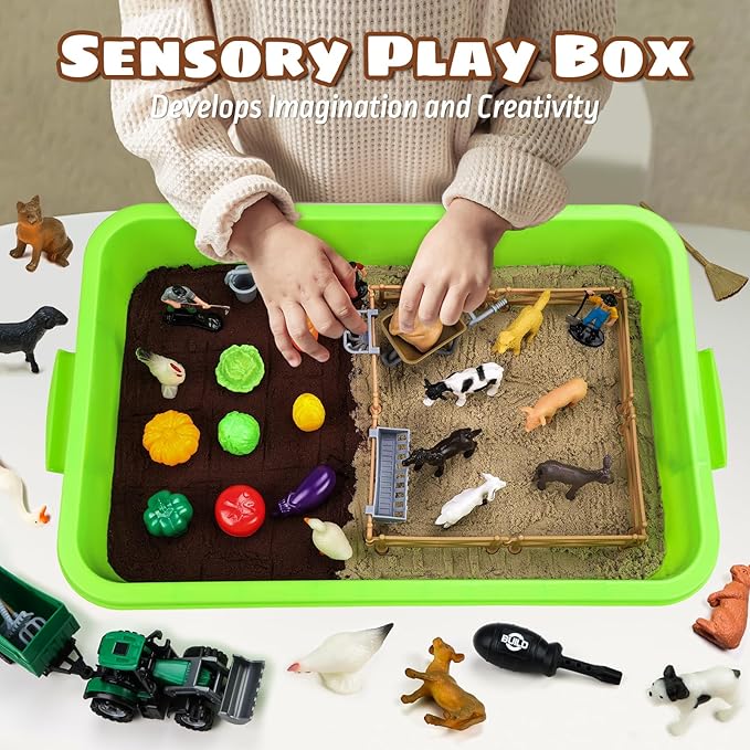 69 PCS Farm Sensory Bin Toys Playset, Sandboxes with Sand, Farmer Tractor & Farm Animals Figures Toys for Kids 3 4 5, Gifts for 6 7 Years Old Boys Girls Toddlers-PurrikoPets