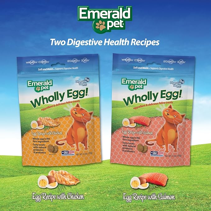 Emerald Pet Wholly Egg Digestive Health Cat Treats - Soft and Moist cat Treats for Healthy Digestion - Natural Prebiotics and Probiotics for cat Digestion - Chicken Treats, 2.5 oz-PurrikoPets