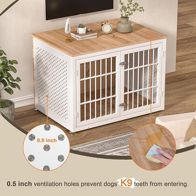 42" Heavy Duty Dog Crate Furniture for Large Dogs, Metal Kennel for High Anxiety Dogs, White Wooden Cage Furniture Indoor, Decorative Dog Kennel End Table, XL-PurrikoPets