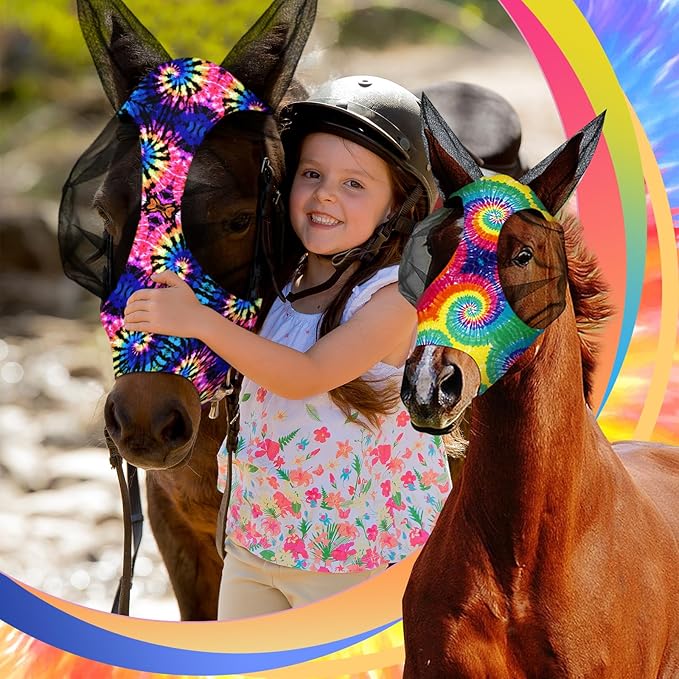 Frienda 4 Pieces Horse Fly Masks with Ears Face Covering UV Protection from Insect Pests Elasticity Smooth Comfortable Mesh Horse Mask Accessories(Tie-dye,Medium)-PurrikoPets
