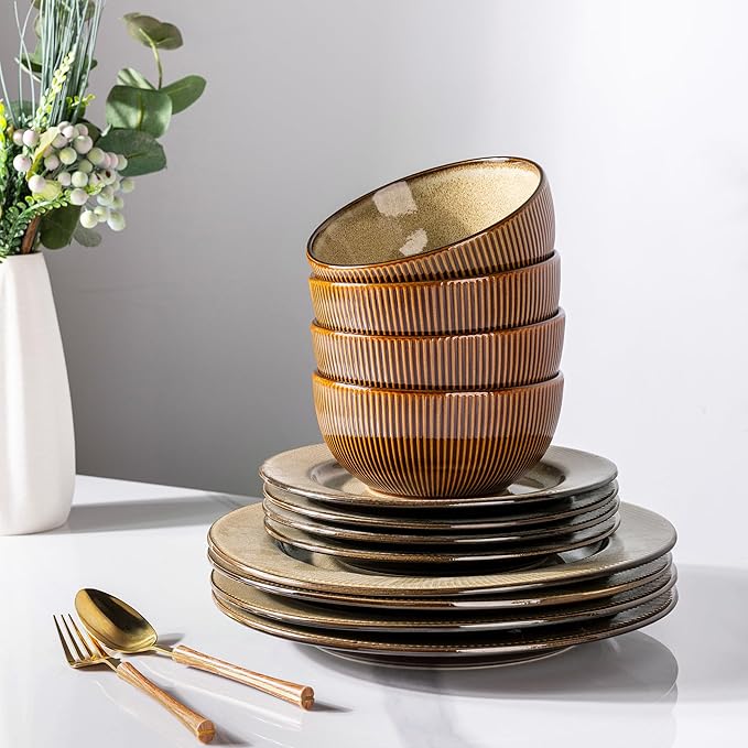 GBHOME Ceramic Dinnerware Sets,12 pcs Embossed Elegant Stoneware Plates and Bowls Sets, Housewarming Wedding Gift | Dishwasher & Microwave Safe | Dishes Set Service for 4-PurrikoPets