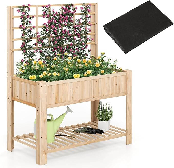 Giantex Raised Garden Bed with Trellis, Wooden Elevated Planter Box with Legs, Drainage Holes for Climbing Plants Vines Vegetables Flowers Herbs, Outdoor Horticulture Planter for Patio Yard-PurrikoPets