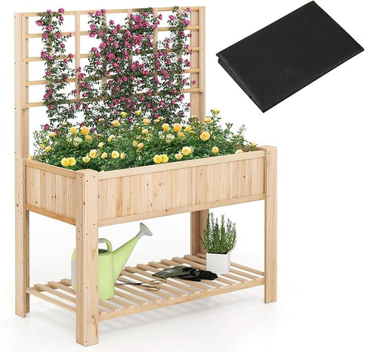 Giantex Raised Garden Bed with Trellis, Wooden Elevated Planter Box with Legs, Drainage Holes for Climbing Plants Vines Vegetables Flowers Herbs, Outdoor Horticulture Planter for Patio Yard-PurrikoPets