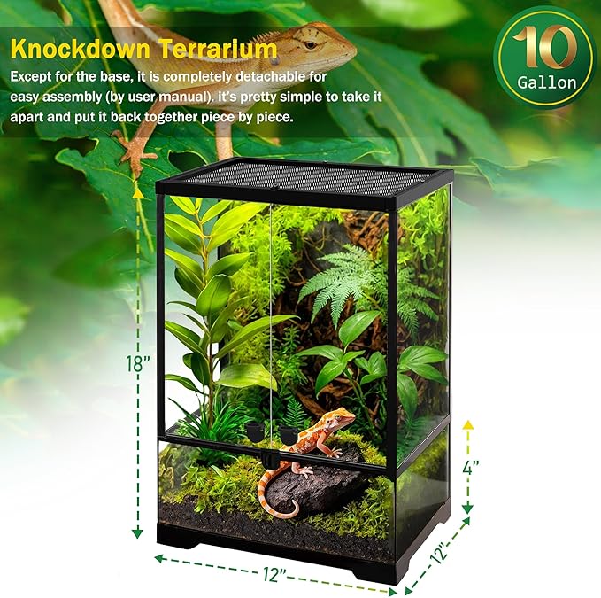 10 Gallon Professional Glass Terrarium 12"x12"x18" Durable Reptile Habitat Tank with Heat Resistant Aluminum Alloy Frame, Dual Front Swinging Doors for no Jam by Sand and Other Debris-PurrikoPets