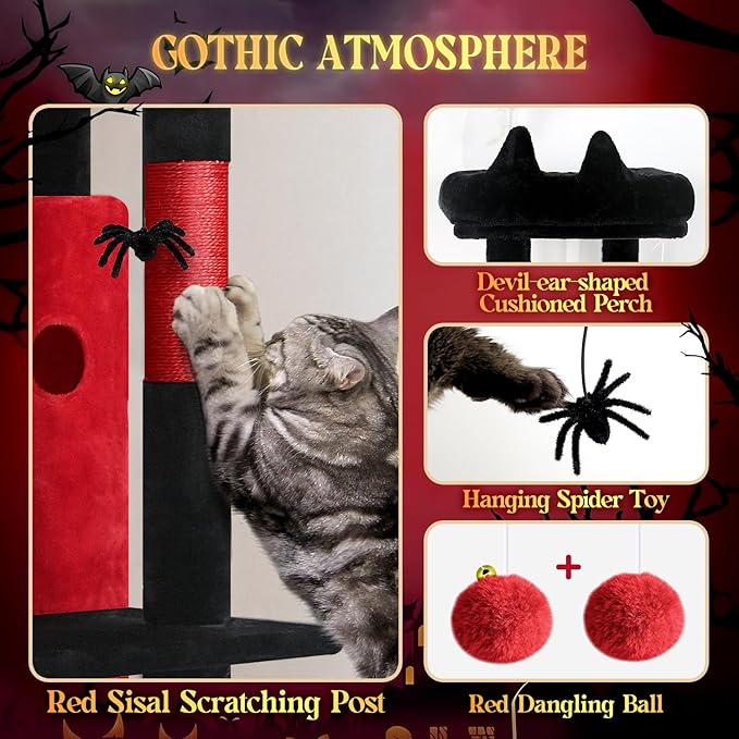 Globlazer Gothic Cat Tree Tower for Indoor Cats, 50-inch Goth Adult Cat Tree House for Large Adult Cats with Steps, Scratching Post, 2 Cat Caves, Dangling Toys, FC50, Blood-Goth-PurrikoPets