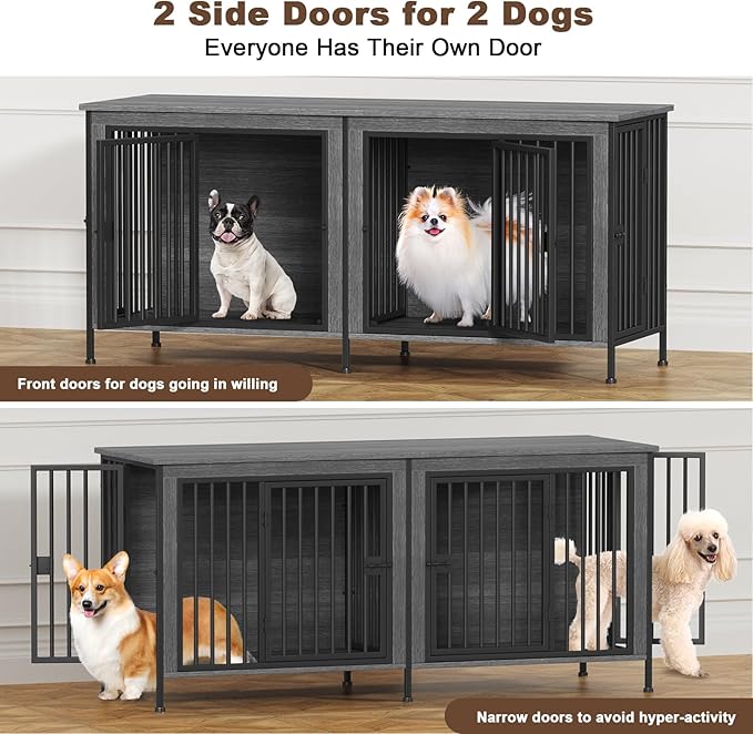 EasyCom 63" Dog Cage Furniture for 2 Pets with Divider, XL Wooden Double Dog Crate Furniture TV Stand for Mideum Breed, Durable and Sturdy-PurrikoPets