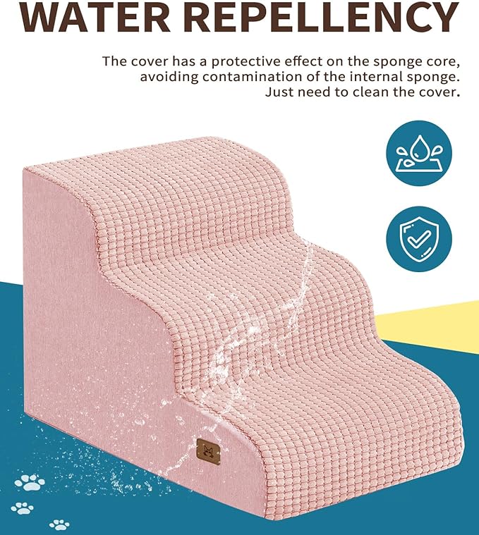 Dog Step for Bed, Dog Stair 3-Step 35D Pet Stair 15.7" H for High Bed or Sofa Non-Slip Balanced Pet Step Indoor, Pink-PurrikoPets