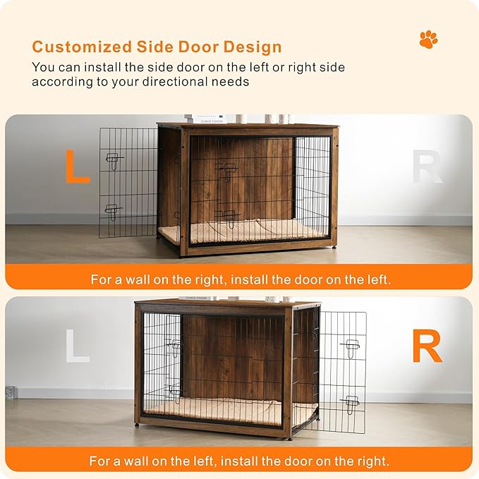 DWANTON Dog Crate Furniture with Cushion, Wooden Kennel Table with Double Doors, Indoor Dog House, Extra Large, 43.3" L, Warm Brown-PurrikoPets