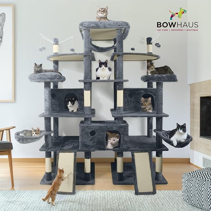 Extra Large 80-Inch Tall Cat Tree w/Widened Perch for Large Cats, Big Cat Tower Indoor, Modern Multi-Level Activity Tower with Scratching Posts, Condos, Baskets, Hammock, Scratching Ramps-PurrikoPets