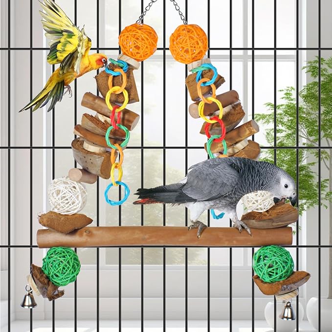 3-in-1 Parrot Toys Natural Coconut Fiber Parrot Hammock (Swing + Perch + Chew Toy) Natural Bird Perches for Medium Large Birds - 23" Bird Toys for Parrots Stand-PurrikoPets
