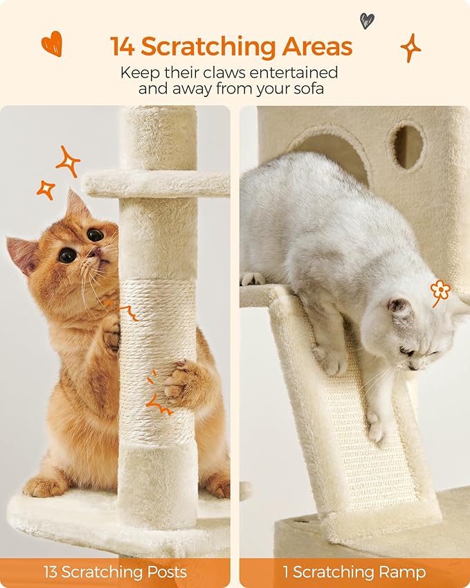 Feandrea Cat Tree, 81.1-Inch Large Cat Tower with 13 Scratching Posts, 2 Perches, 2 Caves, Basket, Hammock, Pompoms, Multi-Level Plush Cat Condo for Indoor Cats, Beige UPCT190M01-PurrikoPets